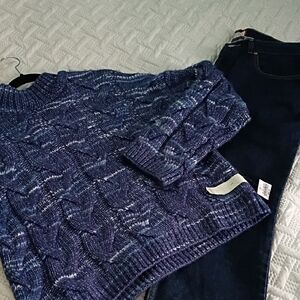 Women's Blue Cable Knit Sweater Lg & Jeans 12 P